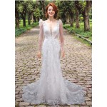 Fitted and Flair - Tulle Lace with Sheer Leg-of-Mutton Long-Sleeve Wedding Dress - LV-M6002-1A