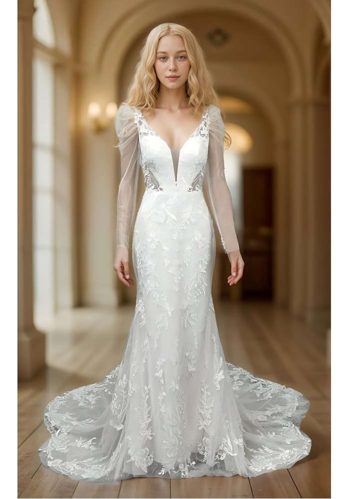 Fitted and Flair - Tulle Lace with Sheer Leg-of-Mutton Long-Sleeve Wedding Dress - LV-M6002-1A