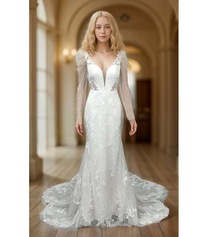 Fitted and Flair - Tulle Lace with Sheer Leg-of-Mutton Long-Sleeve Wedding Dress - LV-M6002-1A