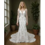 Mermaid - Lace Appliqued Tulle with Leg-of-Mutton Sleeves Wedding Dress - LV-M6002