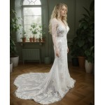 Mermaid - Lace Appliqued Tulle with Leg-of-Mutton Sleeves Wedding Dress - LV-M6002