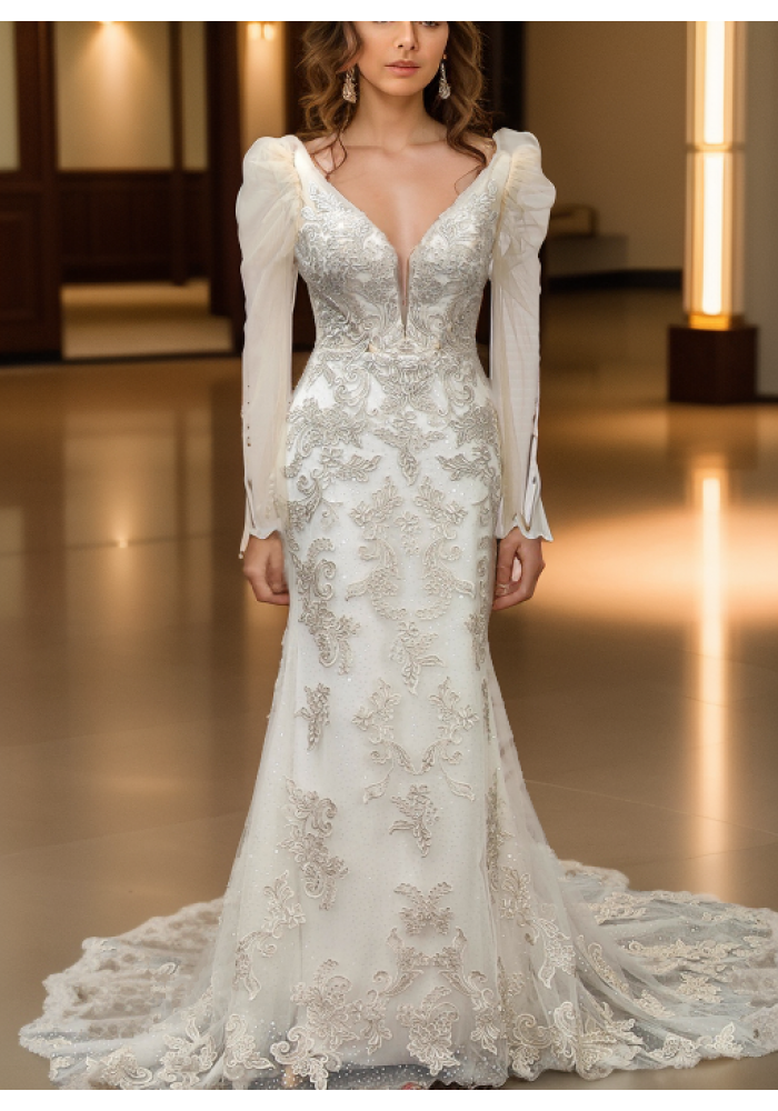 Mermaid - Lace Appliqued Tulle with Leg-of-Mutton Sleeves Wedding Dress - LV-M6002