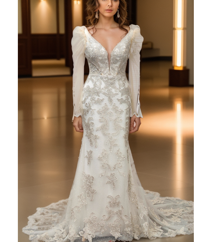 Mermaid - Lace Appliqued Tulle with Leg-of-Mutton Sleeves Wedding Dress - LV-M6002