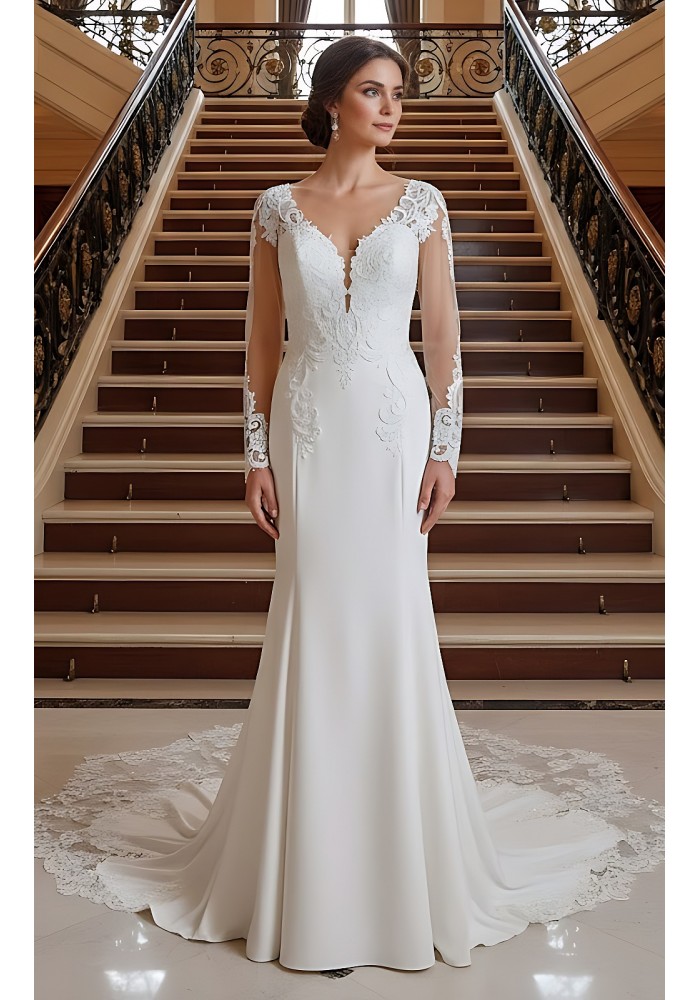 Fitted N Flare Crepe Wedding Dress with Lacy Cut-Out Train - LV-M6005