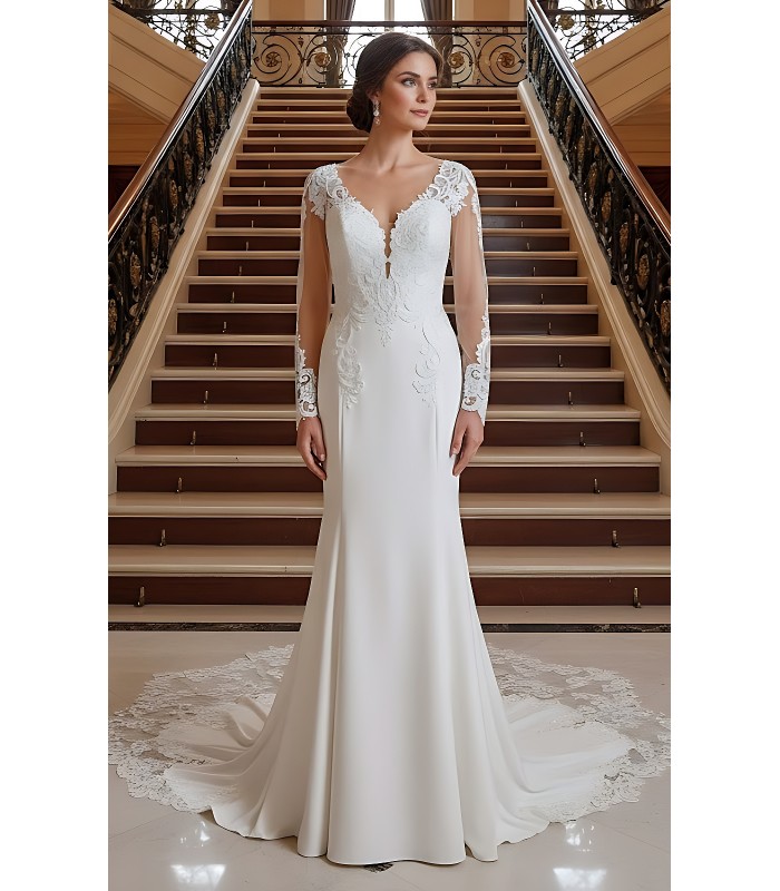Fitted N Flare Crepe Wedding Dress with Lacy Cut-Out Train - LV-M6005