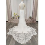 Fitted N Flare Crepe Wedding Dress with Lacy Cut-Out Train - LV-M6005