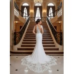 Fitted N Flare Crepe Wedding Dress with Lacy Cut-Out Train - LV-M6005