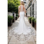 Fitted N Flare Crepe Wedding Dress with Lacy Cut-Out Train - LV-M6005