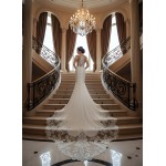 Fitted N Flare Crepe Wedding Dress with Lacy Cut-Out Train - LV-M6005