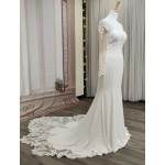 Fitted N Flare Crepe Wedding Dress with Lacy Cut-Out Train - LV-M6005