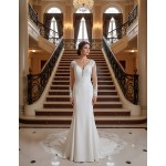 Fitted N Flare Crepe Wedding Dress with Lacy Cut-Out Train - LV-M6005