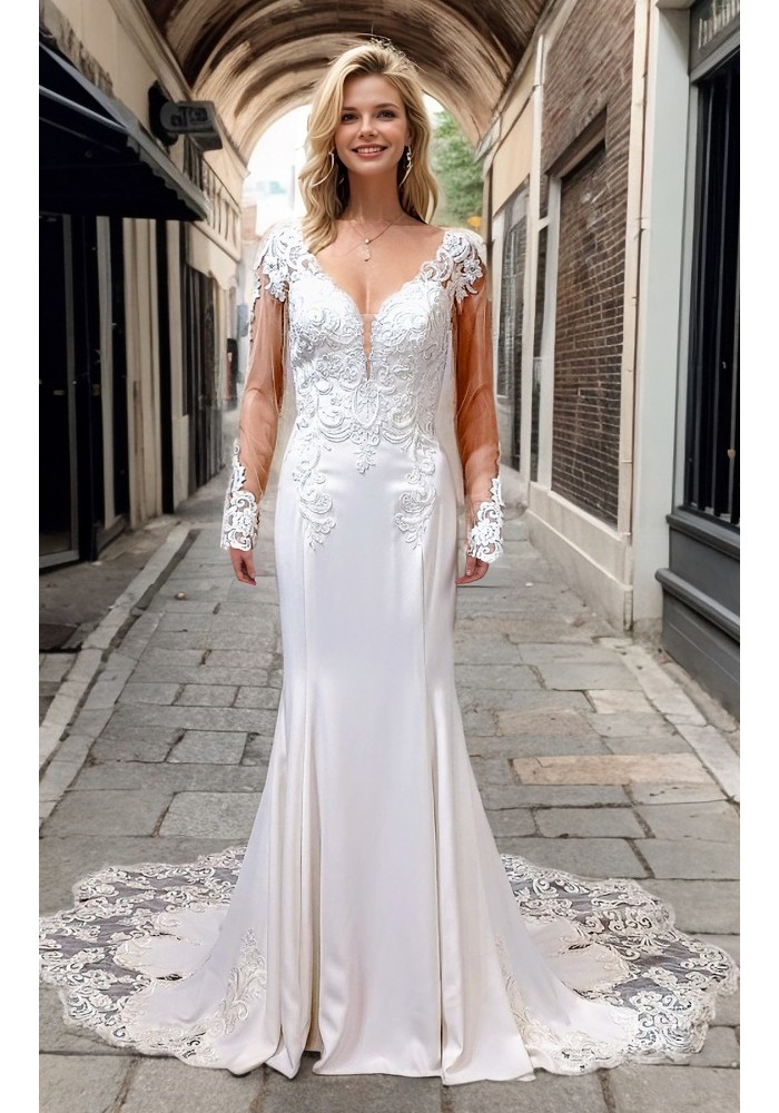 Fitted N Flare Crepe Wedding Dress with Lacy Cut-Out Train - LV-M6005