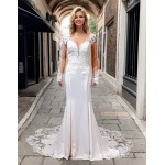 Fitted N Flare Crepe Wedding Dress with Lacy Cut-Out Train - LV-M6005