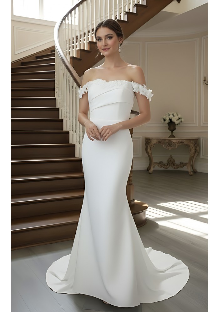 Ethereal Crepe Mermaid Gown with 3-D Floral Laces Accent Off-Shoulder Straps- LV-M6006