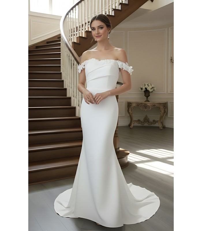 Ethereal Crepe Mermaid Gown with 3-D Floral Laces Accent Off-Shoulder Straps- LV-M6006