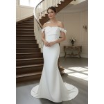 Ethereal Crepe Mermaid Gown with 3-D Floral Laces Accent Off-Shoulder Straps- LV-M6006