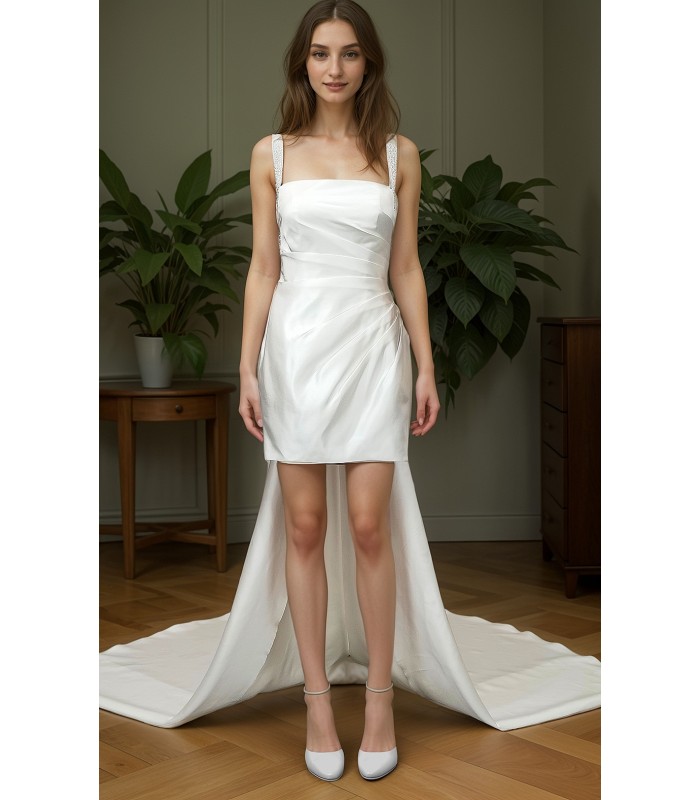 Wedding Dress - Satin Pleated Mini Skirt with Detachable Train - LV-R1001