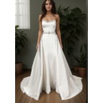 Wedding Dress - Satin Rhinnestone Floral Laces Fitted & Flair with Detachable Overskirt - LV-S1002