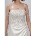 Wedding Dress - Crepe Fitted and Flare with Beaded and Sequin Floral Lace Bodice and Spaghetti Straps- LV-S2004