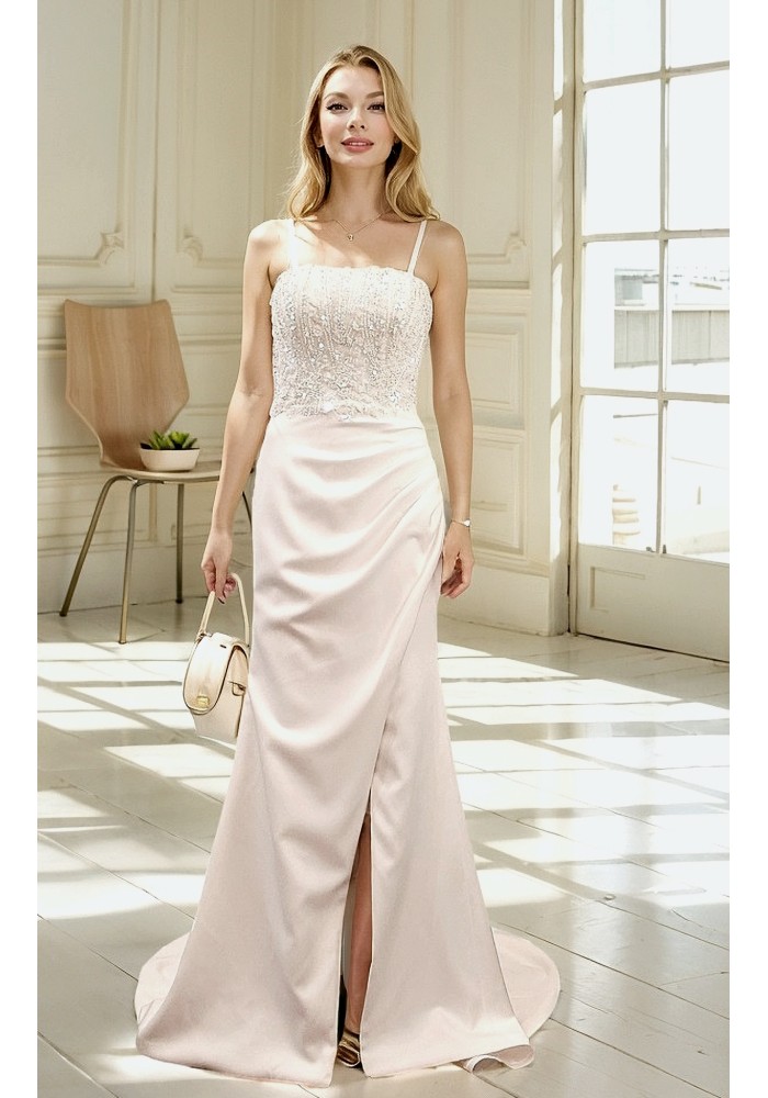 Wedding Dress - Crepe Fitted and Flare with Beaded and Sequin Floral Lace Bodice and Spaghetti Straps- LV-S2004