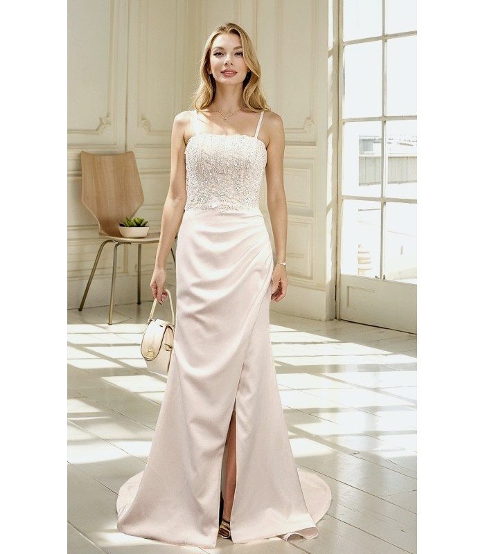 Wedding Dress - Crepe Fitted and Flare with Beaded and Sequin Floral Lace Bodice and Spaghetti Straps- LV-S2004