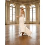 Wedding Dress - Crepe Fitted and Flare with Beaded and Sequin Floral Lace Bodice and Spaghetti Straps- LV-S2004