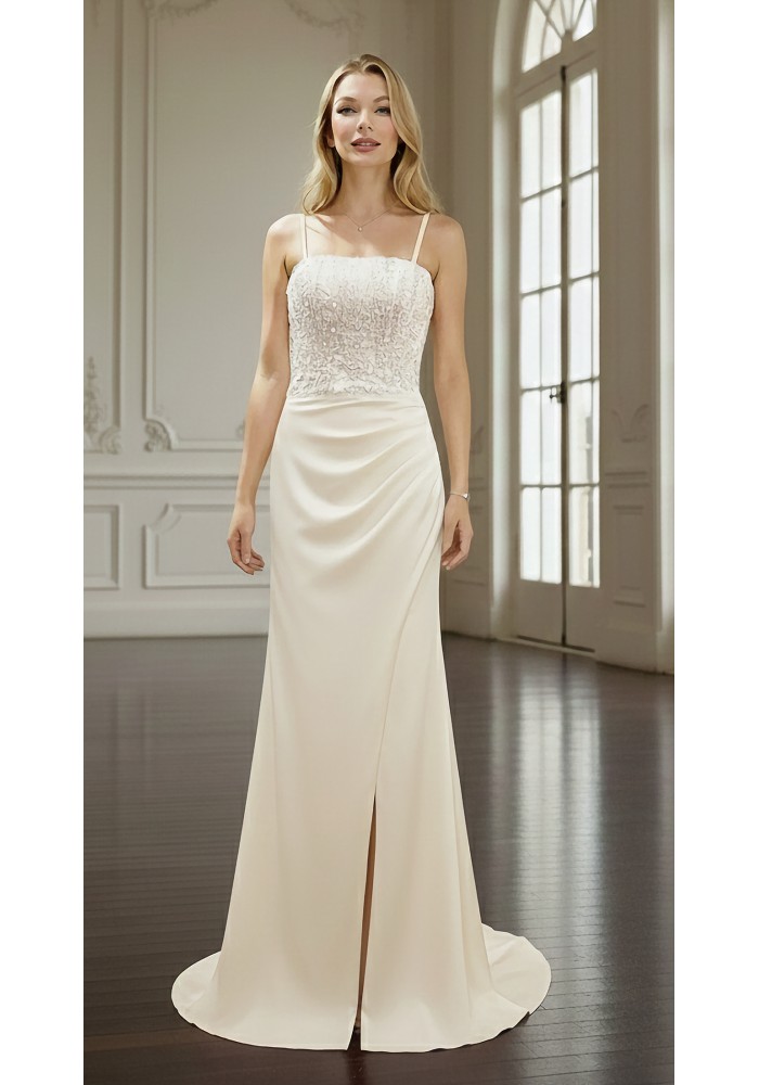 Wedding Dress - Crepe Fitted and Flare with Beaded and Sequin Floral Lace Bodice and Spaghetti Straps- LV-S2004
