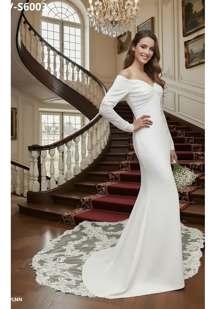 Crepe Long-Sleeve Fitted and Flair Wedding Dress  with Sheer Lacy Train - LV-S6003