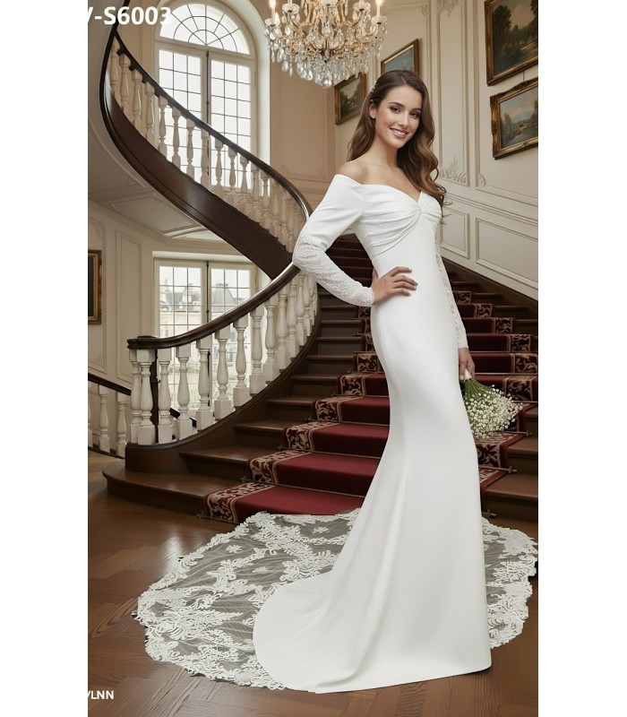 Crepe Long-Sleeve Fitted and Flair Wedding Dress  with Sheer Lacy Train - LV-S6003