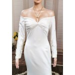 Crepe Long-Sleeve Fitted and Flair Wedding Dress  with Sheer Lacy Train - LV-S6003