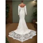 Crepe Long-Sleeve Fitted and Flair Wedding Dress  with Sheer Lacy Train - LV-S6003