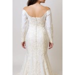 Crepe Long-Sleeve Fitted and Flair Wedding Dress  with Sheer Lacy Train - LV-S6003