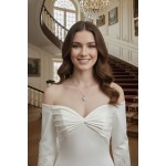 Crepe Long-Sleeve Fitted and Flair Wedding Dress  with Sheer Lacy Train - LV-S6003