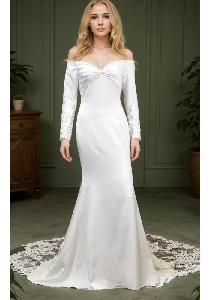 Crepe Long-Sleeve Fitted and Flair Wedding Dress  with Sheer Lacy Train - LV-S6003