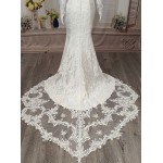 Crepe Long-Sleeve Fitted and Flair Wedding Dress  with Sheer Lacy Train - LV-S6003