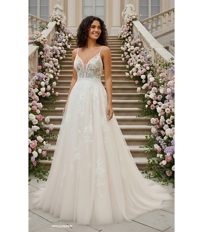 A-Line Beaded Floral Lace Appliqued Accent with Pearl Beads Plunge V neckline Tulle Wedding Dress - MO-A2004