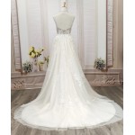 A-Line Beaded Floral Lace Appliqued Accent with Pearl Beads Plunge V neckline Tulle Wedding Dress - MO-A2004