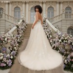 A-Line Beaded Floral Lace Appliqued Accent with Pearl Beads Plunge V neckline Tulle Wedding Dress - MO-A2004