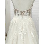 A-Line Beaded Floral Lace Appliqued Accent with Pearl Beads Plunge V neckline Tulle Wedding Dress - MO-A2004