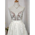 A-Line Beaded Floral Lace Appliqued Accent with Pearl Beads Plunge V neckline Tulle Wedding Dress - MO-A2004