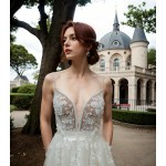 A-Line Beaded Floral Lace Appliqued Accent with Pearl Beads Plunge V neckline Tulle Wedding Dress - MO-A2004