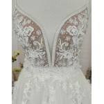 A-Line Beaded Floral Lace Appliqued Accent with Pearl Beads Plunge V neckline Tulle Wedding Dress - MO-A2004