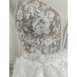 A-Line Beaded Floral Lace Appliqued Accent with Pearl Beads Plunge V neckline Tulle Wedding Dress - MO-A2004