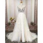 A-Line Beaded Floral Lace Appliqued Accent with Pearl Beads Plunge V neckline Tulle Wedding Dress - MO-A2004