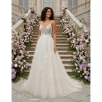 A-Line Beaded Floral Lace Appliqued Accent with Pearl Beads Plunge V neckline Tulle Wedding Dress - MO-A2004