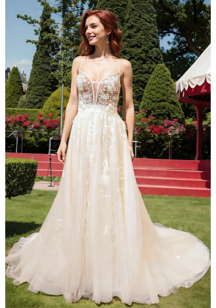 A-Line Beaded Floral Lace Appliqued Accent with Pearl Beads Plunge V neckline Tulle Wedding Dress - MO-A2004