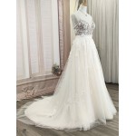 A-Line Beaded Floral Lace Appliqued Accent with Pearl Beads Plunge V neckline Tulle Wedding Dress - MO-A2004