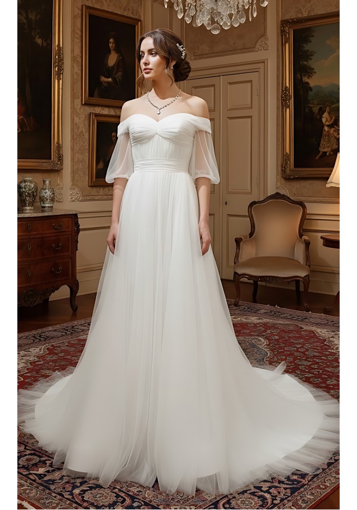A-Line Pleated Tulle Wedding Dress with Off-Shoulder Short Sleeves- MO-A5002