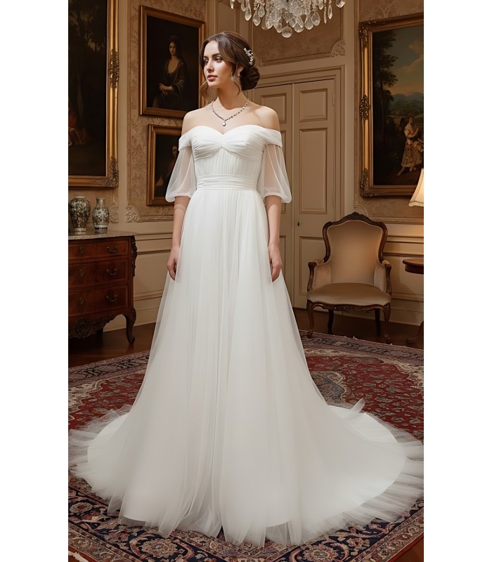 A-Line Pleated Tulle Wedding Dress with Off-Shoulder Short Sleeves- MO-A5002