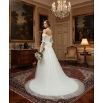 A-Line Pleated Tulle Wedding Dress with Off-Shoulder Short Sleeves- MO-A5002